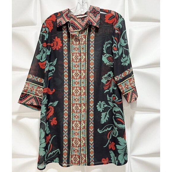 Soft Surroundings Sz M Black Tribal iKat Print Button Up Tunic Top Topper Jacket - Picture 3 of 8